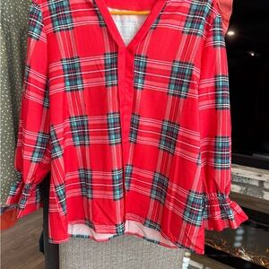 Red Plaid Blouse with Ruffle Sleeves